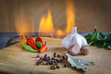 Spices Garlic Pepper Parsley Wooden Board Ingredients
