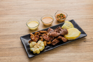 Anticucho Peruvian traditional food appetizer. Peru cuisine food background grilled