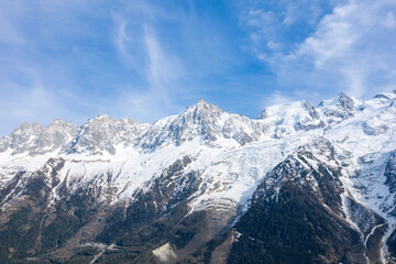 Fototapeta na wymiar The Mont Blanc massif in Europe, France, the Alps, towards Chamonix, in spring, on a sunny day.