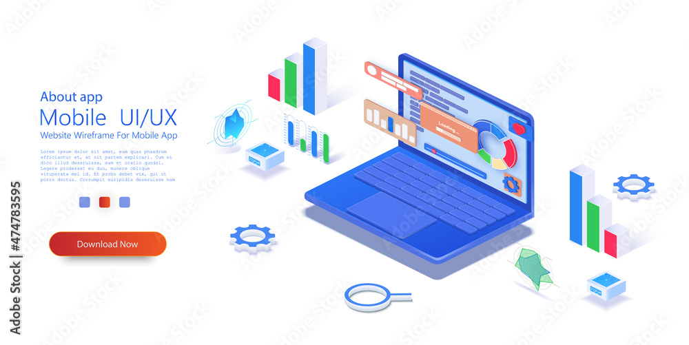 Wall mural 3d application of laptop with business graph and analytics data on isometric laptop. analysis trends