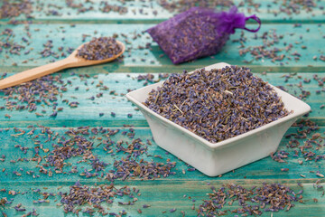 lavandula - aromatic plant lavender seeds on wooden background