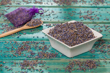 lavandula - aromatic plant lavender seeds on wooden background