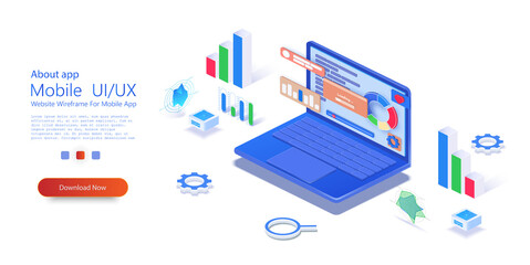 3d Application of laptop with business graph and analytics data on isometric laptop. Analysis trends and financial strategy by using infographic chart. SEO Optimization, web analytics. Vector