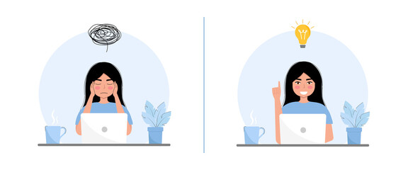 Woman thinking and finding solution vector flat Illustration. Problem solving, solution finding concept. Cartoon character.