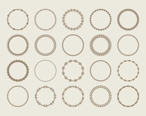 Large set of decorative ornament borders. Elegant abstract round patterned borders. Set of circular vintage frames. Vector.