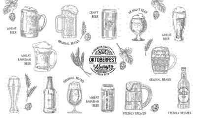 Oktoberfest. Premium quality. Always fresh beer Beer glasses, bottles and mugs Beer set. Hand-drawn sketchy vector illustrations. 