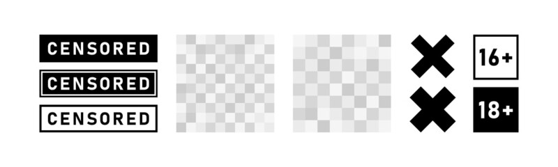 Set of pixel censored signs elements. Black censor bar concept. Blurred grey censorship background. Vector illustration - obrazy, fototapety, plakaty