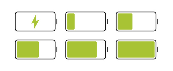 Battery charging process. Different Battery charge level. Set of battery charge level indicators. Wireless charging energy sign. Vector Illustration