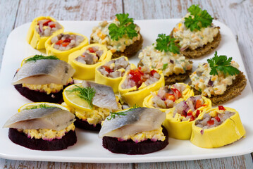 A festive snack for guests. canapes, rolls, fish and salad sandwiches. on a white plate. close up