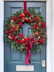 Christmas mood. Elegant christmas wreath decorated red berries, oranges, pine cones and lotus on a grey blue wooden door