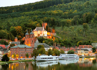 View From The Main River To The Brightly Lit Fort Mildenburg In Miltenberg Am Main At Dusk Bavaria Germany On A Beautiful Autumn Day