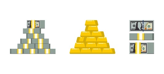 Flat style dollars bundles with gold bars