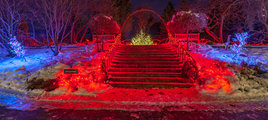 Winter Night Staircase Illuminated by Christmas lights