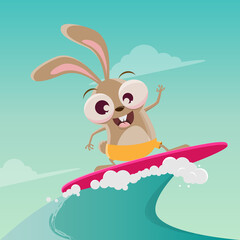 funny cartoon illustration of a surfing rabbit