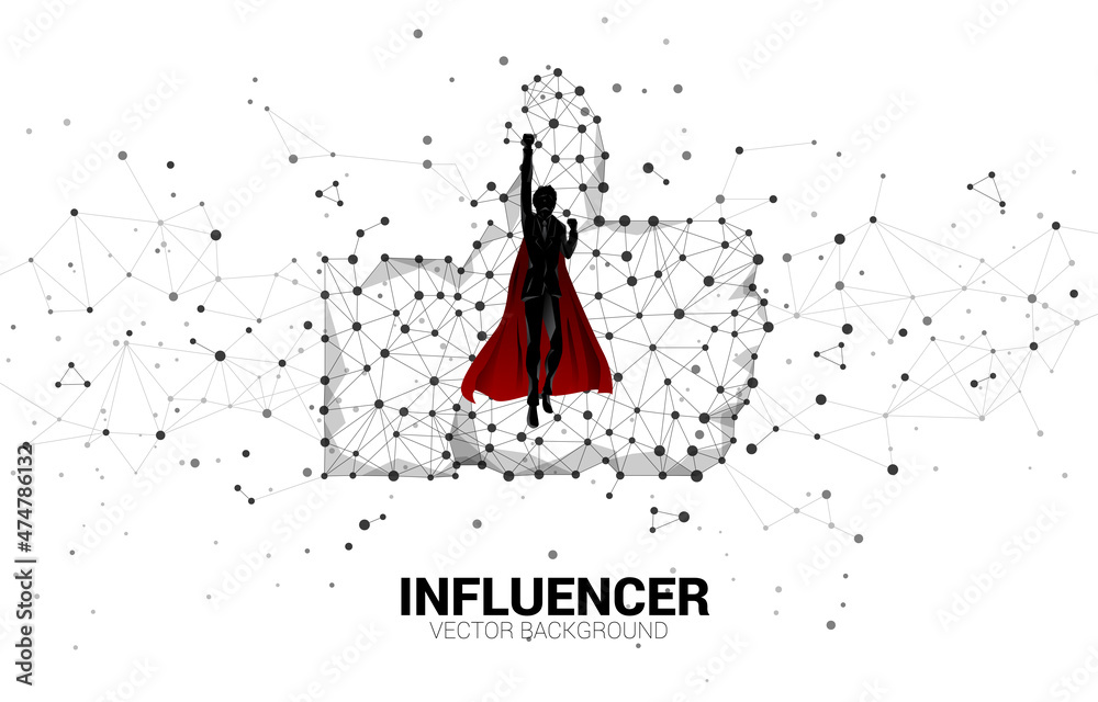 Poster Vector Silhouette of businessman flying with thumb up icon from dot connect line polygon network. concept of customer satisfaction , client rating and ranking.