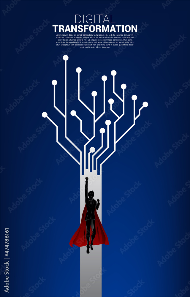 Poster silhouette of flying on the arrow dot connect circuit board style. concept of digital transformation