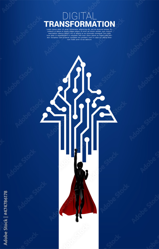 Poster Silhouette of flying on the arrow dot connect circuit board style. concept of digital transformation of business.