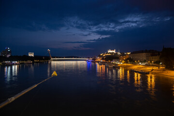 Fototapeta na wymiar View of the Danube River in Bratislava at night
