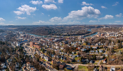 Aerial drone panoramic shot of the downtown area of Morgantown with the WVU campus in the early winter