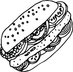 Vector hand drawn burgers and snacks objects, drawn fast food element, sandwich, street food