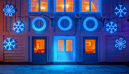 Holiday themed exterior of a house illuminated at night