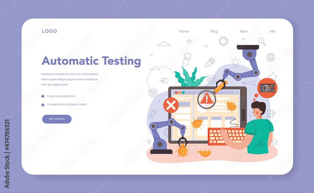 Poster software tester web banner or landing page. application or website code