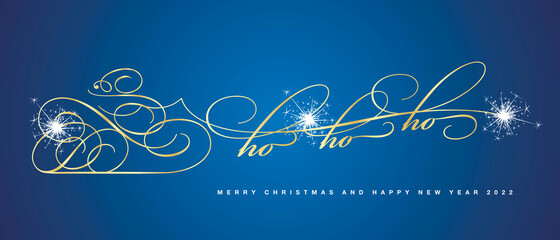 Ho ho ho Merry Christmas and Happy New Year 2022 beautiful golden abstract Santa Claus and Santas Sleigh ride calligraphy white sparkle fireworks blue background greeting card © simbos