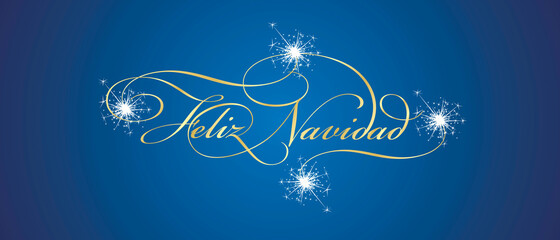 Merry Christmas beautiful Spanish language golden calligraphy lettering typography sparkle fireworks night blue background greeting card