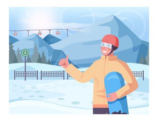 Male character holding a snowboard. Snowboarder with a snowy hills