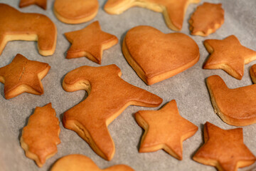 Baking Christmas cookies close up. The background is a close-up Christmas cookie.of various shapes.