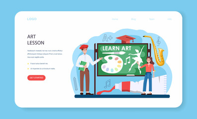 Art school education web banner or landing page. Student holding art tools