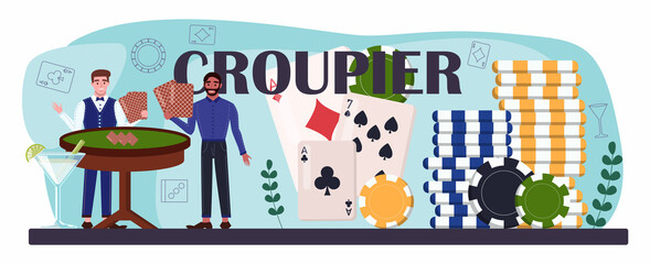 Croupier typographic header. Person in uniform behind a gambling