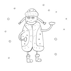 Vector outline of Santa Claus. Vector outline of the Snow Maiden. Snowing. Christmas prints. Christmas mood. Winter. Isolated. Coloring pages for children and adults. Cartoon. Freehand drawing.