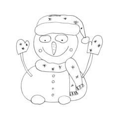Vector outline of a snowman. Christmas prints. Christmas mood. Winter. Isolated. Coloring pages for children and adults. Cartoon. Freehand drawing.
