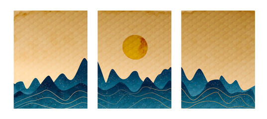Gold art background with mountains and hills and the moon. Set of landscape prints with a pattern in oriental style for interior decoration, design