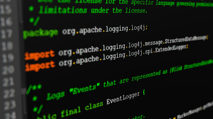 Java Source code of the log4j event logger framework on a screen in close-up with selective focus....
