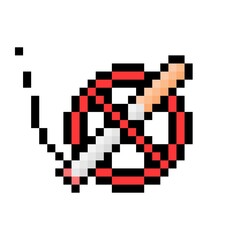 Fototapeta premium Red no smoking pixel sign. Crossed out smoking joint in 8bit pixelated circle. Ban on use of marijuana in public vector places.