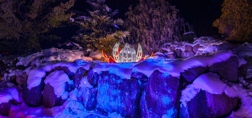 Illuminated Christmas Flower on Snowy Rocks