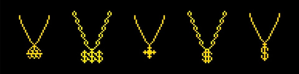 Rapper pixel gold chains collection. Luxurious rich necklace with dollar symbol for game party cultural hip hop with expensive vector treasure - obrazy, fototapety, plakaty