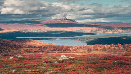 Landscape of Pieljekaise National Park in autumn with lakes and mountains in Lapland in Sweden,...