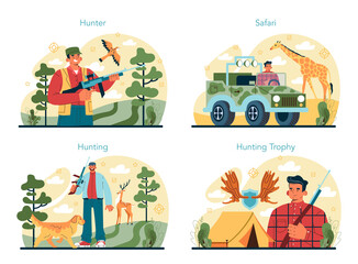 Naklejka premium Hunter set. Man with a weapon hunting in a woods with a dog. Hunting sport