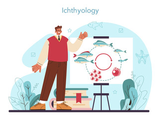 Ichthyologist concept. Ocean fauna scientist. Practical studying