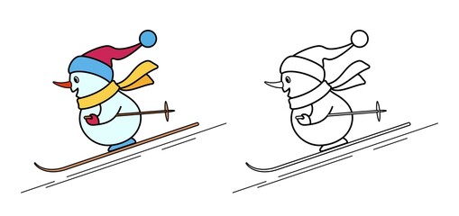 Coloring Pages. Coloring book funny snowman skiing. Cute snowman is skiing from the mountain. Concept of winter sports, winter Olympics, Merry Christmas and happy New Year. Isolated. Vector