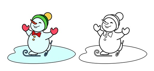 Coloring Pages. Coloring book funny snowman skate on ice. Concept of winter sports, winter Olympics, Merry Christmas and happy New Year. Isolated. Vector