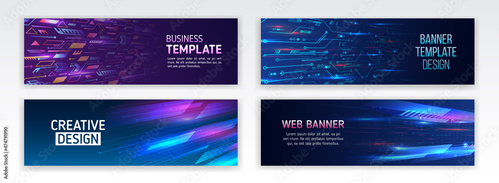 Fototapete Horizontal header web background. High tech design with technological elements. Science and digital technology concept. Glowing lines for presentation. Set of modern banner templates for websites.