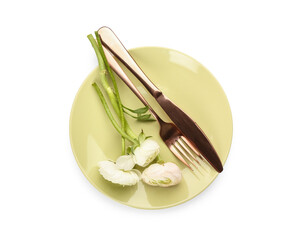 Simple table setting and ranunculus flowers on white background