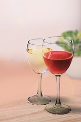 Wines assortment. Red, white wine in wineglasses. Wine bar, shop, tasting concept