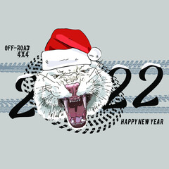 New Year banner with a white tiger. An aggressive tiger breaks out of the numbers of the year. - 474792771