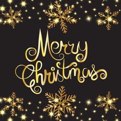 Merry Christmas on dark background with golden snowflakes and stars, winter holidays vector illustration.