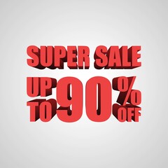 Super Sale 90 Percent off, 3d sign, special offer 90% discount tag, sale up to 90 percent off, big offer, sale, special offer label, sticker, tag, banner, advertising, vector template